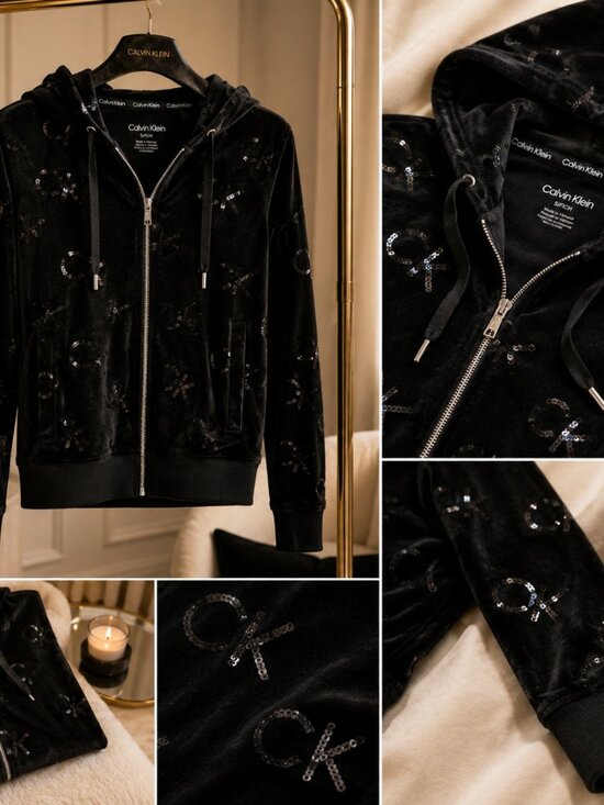 Calvin Klein Tops - NWT Calvin Klein Black Sequin Velour Zip Hoodie Jacket — Small